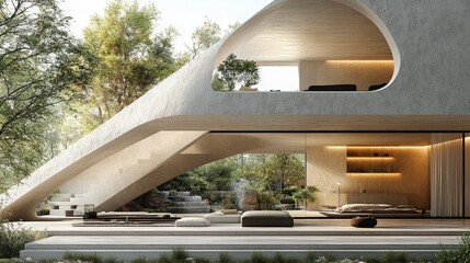 Fototapeta premium Modern Architectural Masterpiece Featuring Unique Curved Design and Seamless Indoor-Outdoor Living Amidst Lush Greenery and Natural Light