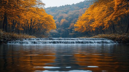 Fototapeta premium Serene autumn landscape with flowing water and vibrant orange trees reflected in calm river in early morning light captured in warm ambiance