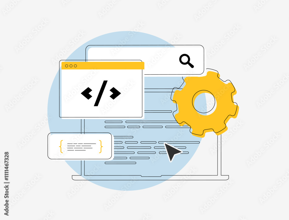 Poster seo metadata optimization tools vector illustration with coding symbols, gear icons and analytics. s