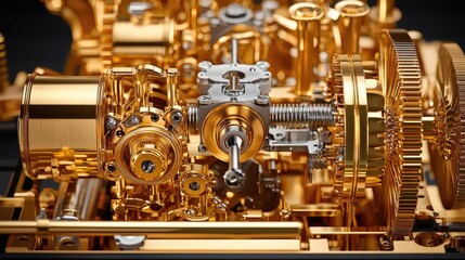 Fototapeta premium Detailed view of a gold metal mechanical engine components, isolated.