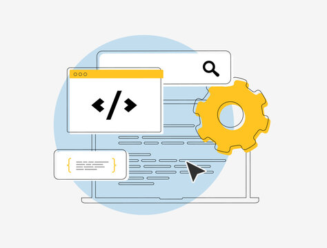 SEO metadata optimization tools vector illustration with coding symbols, gear icons and analytics. Seo meta tags, keywords, search rankings, web development and digital marketing flat design concept