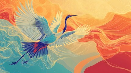 Fototapeta premium Elegant Crane in Flight Soaring Through Abstract Landscape