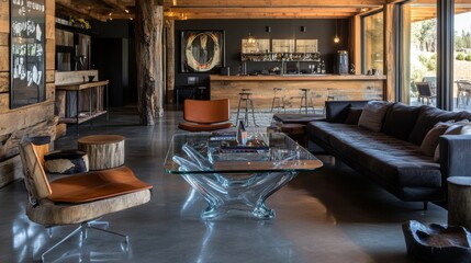 Scandinavian interiors in the living room with glass cafe tables and sofas. - ai