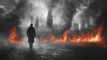 A Dramatic Scene of a Figure Walking Through Flames and Smoke in a Dark Cityscape with Gothic Architecture and an Eerie Atmosphere