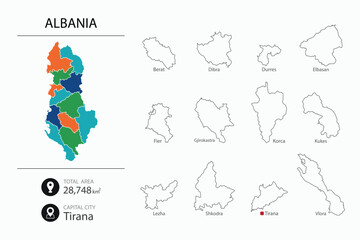 Colorful Map of Albania with Provincial Borders and Outline of Each Province - Infographic Highlighting Total Area and Capital City