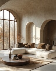 Minimalist Living Room with Geometric Shapes Sleek Sofa and Circular Coffee Table