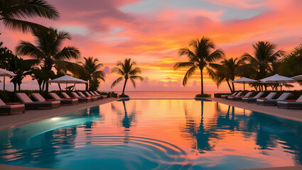 Serene tropical poolside with loungers and palm trees at sunset