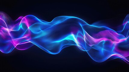 Fototapeta premium Colorful abstract wave forms in shades of blue and pink on a dark background.