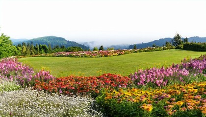 Foreground flower gardens and meadows on isolated white background