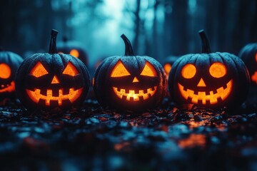 Halloween Scene with Glowing Jack O Lanterns in Dark Forest