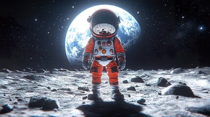 Obraz premium Astronaut Standing on the Moon with Earth in View