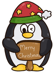 Cute penguin with sign merry Christmas, illustration cartoon Christmas 