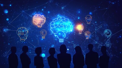 Cutting-edge technology background showcasing an innovative startup team collaborating with digital mind maps and advanced tech tools, highlighting a futuristic workspace environment and modern busine