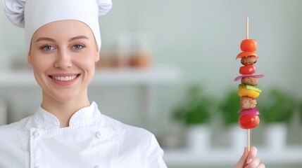 Smiling female chef in white uniform holding colorful vegetable skewer in a professional kitchen, promoting healthy cooking and culinary skills

