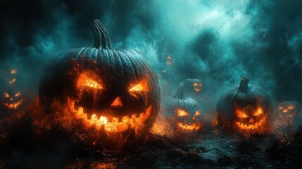 Fototapeta premium Spooky Halloween Background Wallpaper with Glowing Jack O Lanterns and Misty Night Landscape
