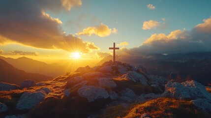 Golden sunlight shining through the separated clouds, illuminating the cross on the mountaintop. The bright sky and soft golden tones create a calm and high-resolution masterpiece.