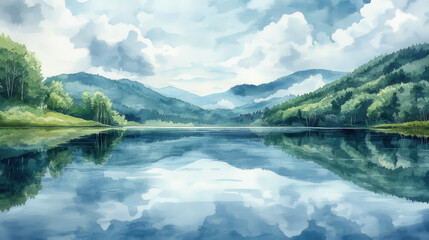 Fototapeta premium serene lake reflects mountains and clouds, creating peaceful scene
