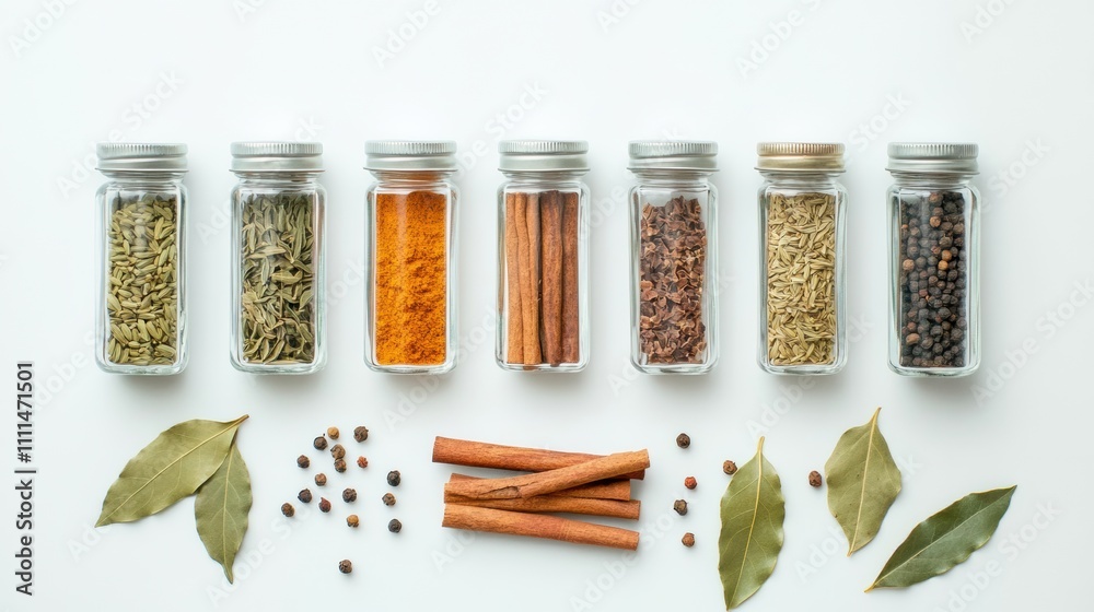 Aufkleber small jars filled with vibrant spices, accompanied by bay leaves and cinnamon sticks, create an arom