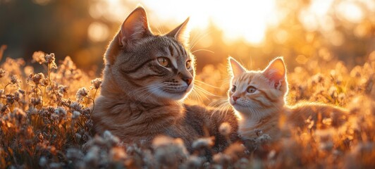 Serene cat and dog lounging together on green grass in a warm sunny nature background