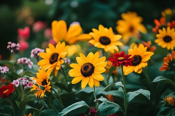 Obraz premium A vibrant display of sunflowers and colorful flowers in a lush garden setting.