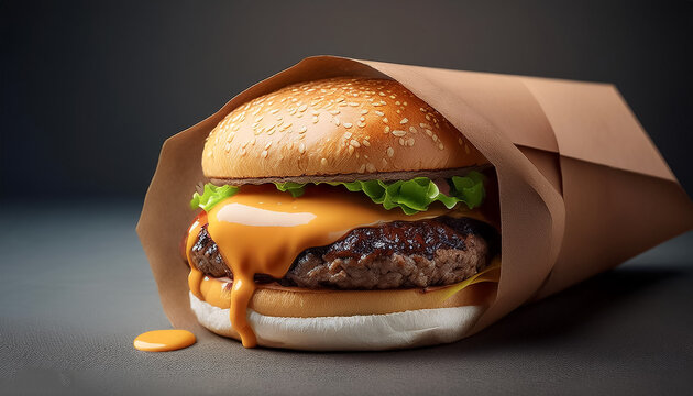 A simple burger wrapped halfway in brown paper with melted sauce