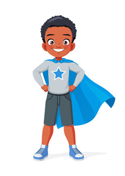 Little African American boy pretending to be a superhero with a cape. Cartoon vector illustration.
