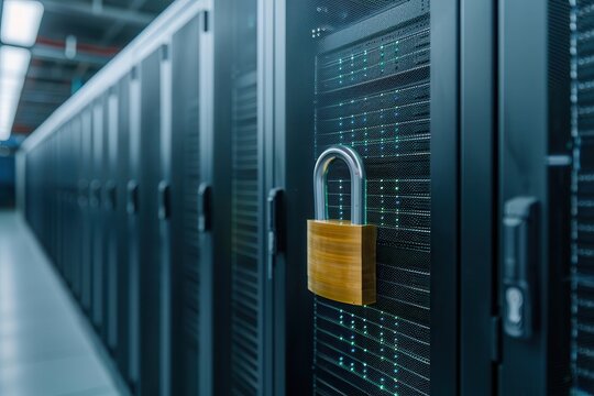 Data centers lock out hackers. Secure server room with a padlock