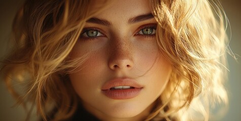 Naklejka premium Beautiful Model Woman with Shiny Brown Hair Glowing Skin Natural Beauty and Hair Care Products