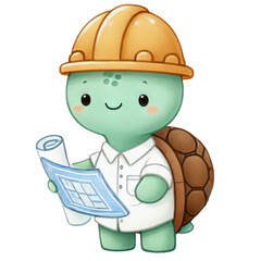 Turtle architect reviewing plans at construction site cute animation playful environment whimsical perspective