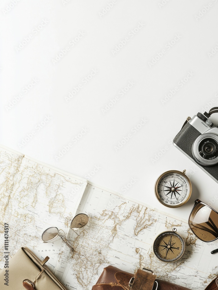 Leinwandbilder map and compass lay next to a small camera and sunglasses, ready for exploration while leaving space