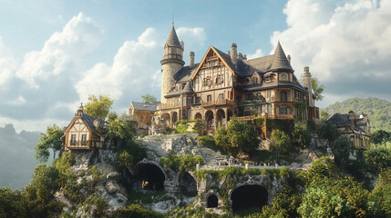 Fototapeta premium A large light-brown castle sits atop a rocky hill covered in trees and plants