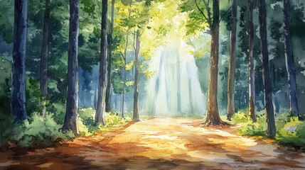 Fototapeta premium serene forest clearing with sunlight filtering through trees, creating peaceful atmosphere