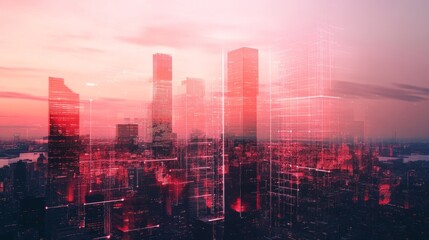 Futuristic technology background featuring modern cityscape with network icons in double exposure, showcasing high-tech digital connectivity and urban innovation