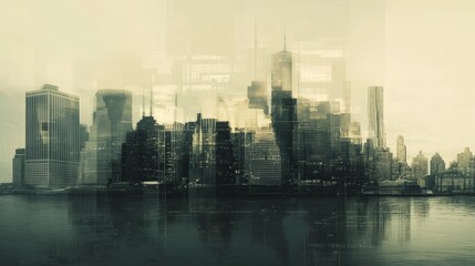 Futuristic technology background featuring modern cityscape with network icons in double exposure, showcasing high-tech digital connectivity and urban innovation