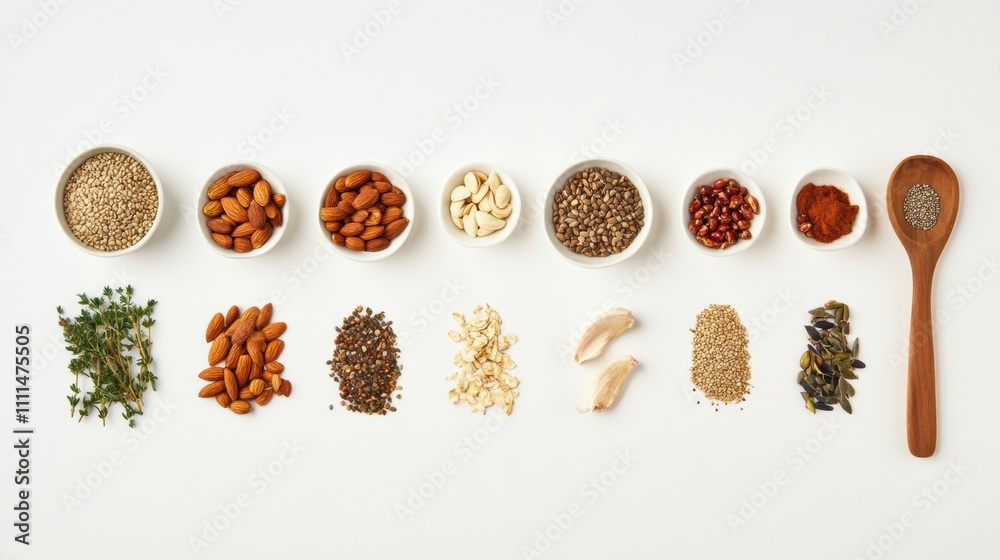 Aufkleber an assortment of organic seeds, nuts, and herbs is displayed on a white background, with empty space