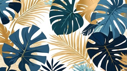 Abstract luxury tropical art background with palm leaves and monstera in gold and blue. Botanical banner for decor, print, textile, wallpaper, interior design.