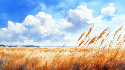 vibrant prairie landscape with golden wheat and fluffy clouds