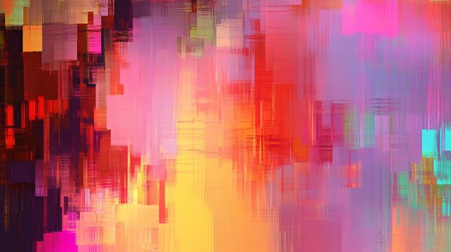 Vibrant neon glitch texture background featuring futuristic digital processing elements and abstract computer art with dynamic pixelated effects, perfect for technology-themed visuals, modern graphic 