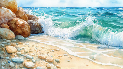serene rocky beach with gentle waves and colorful pebbles