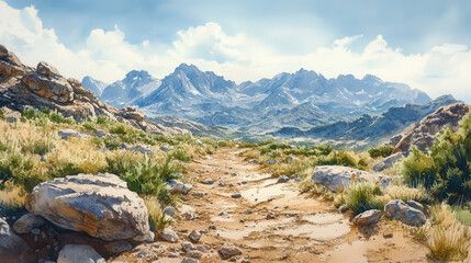 scenic mountain trail surrounded by rocky terrain and lush greenery