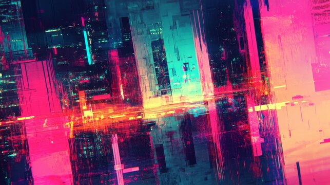 Vibrant neon glitch texture background featuring futuristic digital processing elements and abstract computer art with dynamic pixelated effects, perfect for technology-themed visuals, modern graphic  - Powered by Adobe