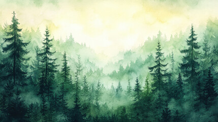 Serene forest landscape with misty trees and soft light ambiance