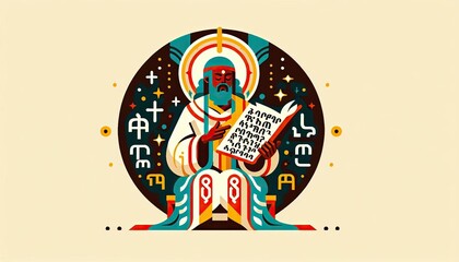 Fototapeta premium Ethiopian scholar reading ancient manuscript with colorful geometric design