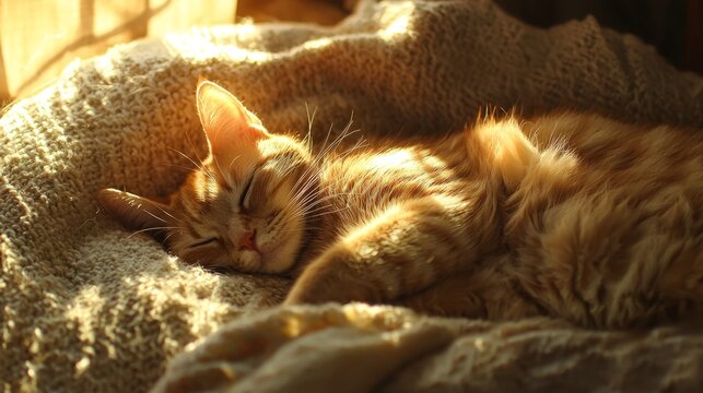 A cat sleeping peacefully on a soft blanket, sunbeam on its fur, comfortable setting, relaxing scene