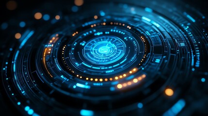 Bright blue futuristic hologram interface, highlighting technology advancements, close up on breakthrough tech, surreal Multilayer with a backdrop of towering buildings