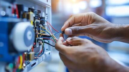A fire alarm installation sensor, person is connecting wires inside a machine, showcasing hands-on electrical work and precision in a technical environment.