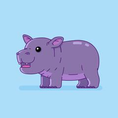 Cute cartoon of baby hippopotamus standing on four legs and giggling. Vector isolated of pygmy hippopotamus.