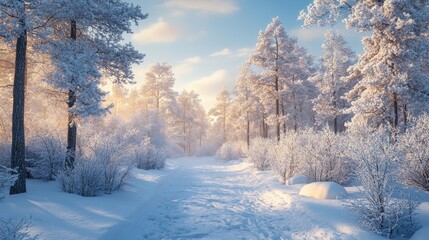 Naklejka premium Breathtaking Snowy Woodland Wonderland at Sunrise