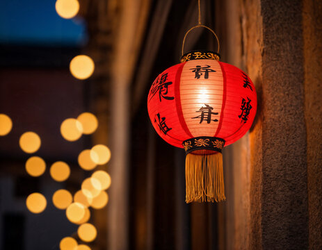 Old Chinese town with red lattern at night, festival mood, vintage 