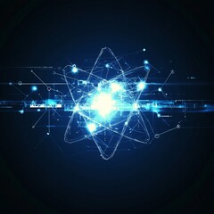 Abstract glowing atom structure with digital lines.